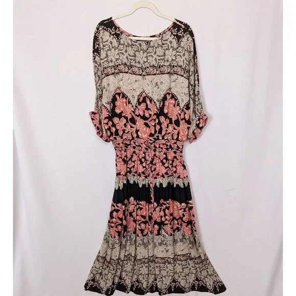 Vintage 90 Y2K Carol Little 12 Maxi Dress Patchwork Floral Tie Front Bohemian - Picture 1 of 14